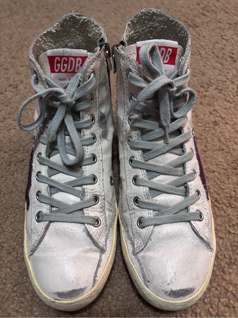 Golden Goose leather Francy High-Top Sneakers with Gray Laces and glitter star.